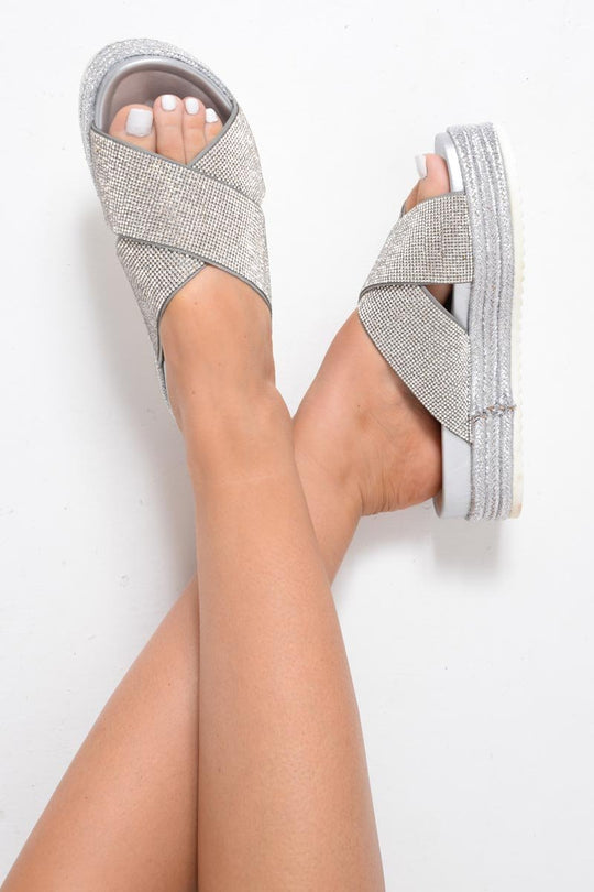 Silver Diamante Flatform Sliders - Clydie
