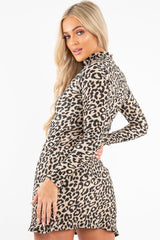 Brown Leopard Plisse High Neck Mini Dress - Marieta