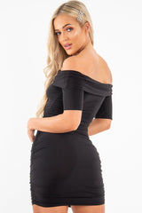 Black Slinky Ruched Bardot Mini Dress - Sicily