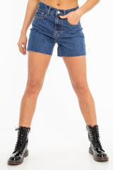 Mid Wash Raw Hem High Waist Denim Shorts - Atlanta