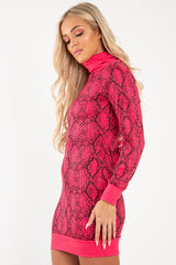 Fuchsia Snake Print Roll Neck Mini Dress - Azani