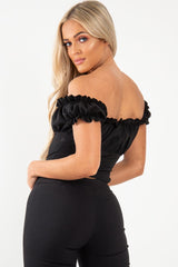Black Ruffle Tie Front Bardot Crop Top - Pandora