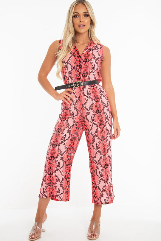 Neon Pink Snake Wide Leg Belted Jumpsuit - Sonny