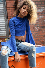 Blue Stripe Flare Sleeve Crop Top - Heela
