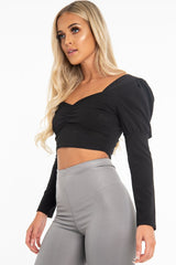 Black Crepe Sweetheart Puff Sleeve Crop Top - Porsha