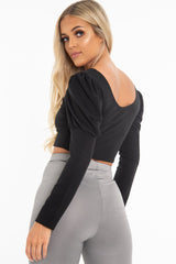 Black Crepe Sweetheart Puff Sleeve Crop Top - Porsha