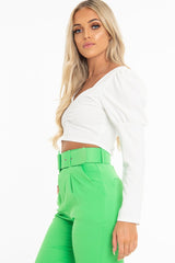 White Crepe Sweetheart Puff Sleeve Crop Top - Porsha