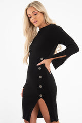 Black Slash Neck Button Rib Knit Midi Dress - Haydee