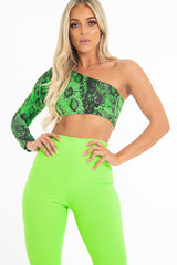 Green Black Snake Print One Shoulder Crop Top - Cherrish