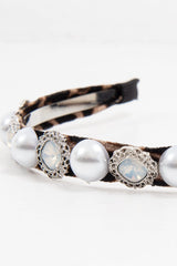 Brown Leopard Print Pearl Embellished Hairband - Joline