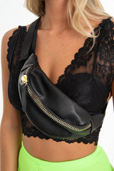 Black Faux Leather Gold Zip Detail Bum Bag - Linsy