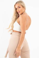 Cream Knit Halterneck Button Crop Top - Penina