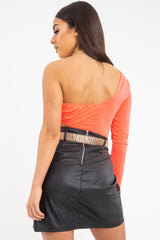 Neon Coral One Sleeve Cut Out Bodysuit - Lyana