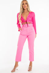 Fuchsia Satin Cut Out Tie Front Bodysuit - Ezabella