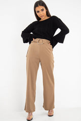 Olive Crepe Wide Leg O Ring Belted Trousers - Jaselle