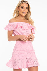 Pink Broderie Lace Bardot Crop Top Skirt Co-Ord - Dahlia