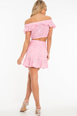 Pink Broderie Lace Bardot Crop Top Skirt Co-Ord - Dahlia
