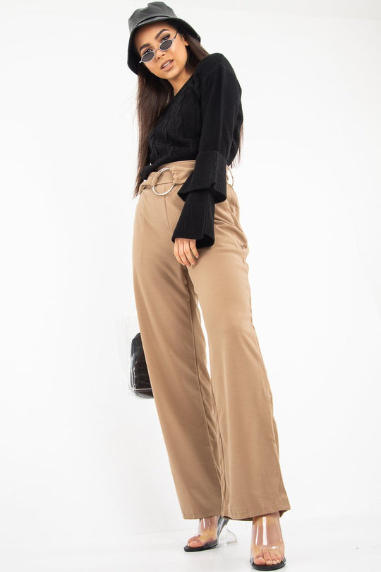 Olive Crepe Wide Leg O Ring Belted Trousers - Jaselle