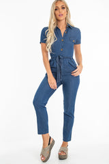 Mid Wash Denim Button Detail Boiler Jumpsuit - Casey