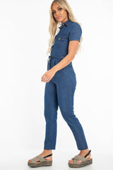 Mid Wash Denim Button Detail Boiler Jumpsuit - Casey