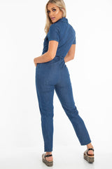 Mid Wash Denim Button Detail Boiler Jumpsuit - Casey