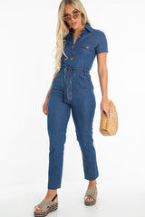Mid Wash Denim Button Detail Boiler Jumpsuit - Casey
