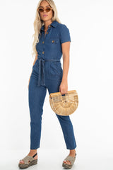 Mid Wash Denim Button Detail Boiler Jumpsuit - Casey