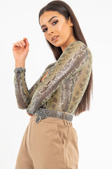 Green Snake Plunge Coated Long Sleeve Bodysuit - Clemmie