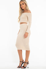 Nude Rib Bardot Zip Crop Top Midi Skirt Co-Ord - Miley