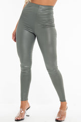 Khaki Wet Look High Waist Leggings - Imogen