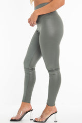 Khaki Wet Look High Waist Leggings - Imogen