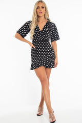 Black Heart Print Plunge Ruffle Detail Mini Dress - Nicolle
