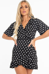 Black Heart Print Plunge Ruffle Detail Mini Dress - Nicolle