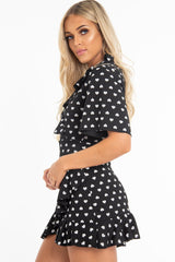Black Heart Print Plunge Ruffle Detail Mini Dress - Nicolle