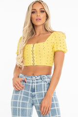 Yellow Floral Hook And Eye Puff Sleeve Crop Top - Libbie