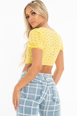 Yellow Floral Hook And Eye Puff Sleeve Crop Top - Libbie