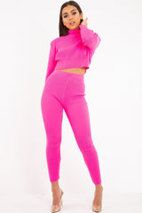 Fuchsia Rib Crop Jumper Loungewear Set - Ayriana