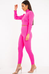 Fuchsia Rib Crop Jumper Loungewear Set - Ayriana