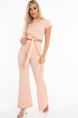 Nude Bandage Rib Tie Waist T-Shirt Trousers Co-Ord - Kalise