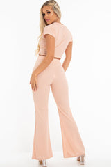 Nude Bandage Rib Tie Waist T-Shirt Trousers Co-Ord - Kalise