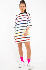 White Rainbow Stripe Oversized T-Shirt Dress - Avriella