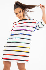 White Rainbow Stripe Oversized T-Shirt Dress - Avriella