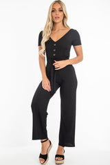 Black Rib V Neck Button Front Jumpsuit - Cassandra