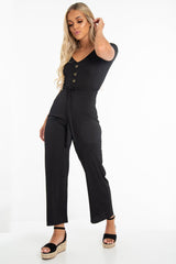 Black Rib V Neck Button Front Jumpsuit - Cassandra