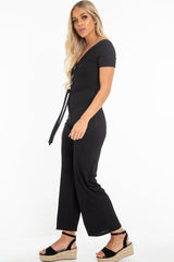 Black Rib V Neck Button Front Jumpsuit - Cassandra