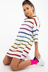 White Rainbow Stripe Oversized T-Shirt Dress - Avriella