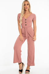 Mauve Rib V Neck Button Front Jumpsuit - Cassandra