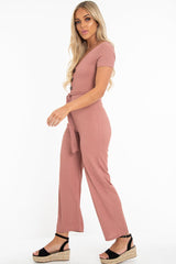 Mauve Rib V Neck Button Front Jumpsuit - Cassandra