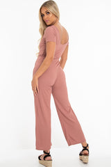 Mauve Rib V Neck Button Front Jumpsuit - Cassandra