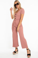 Mauve Rib V Neck Button Front Jumpsuit - Cassandra
